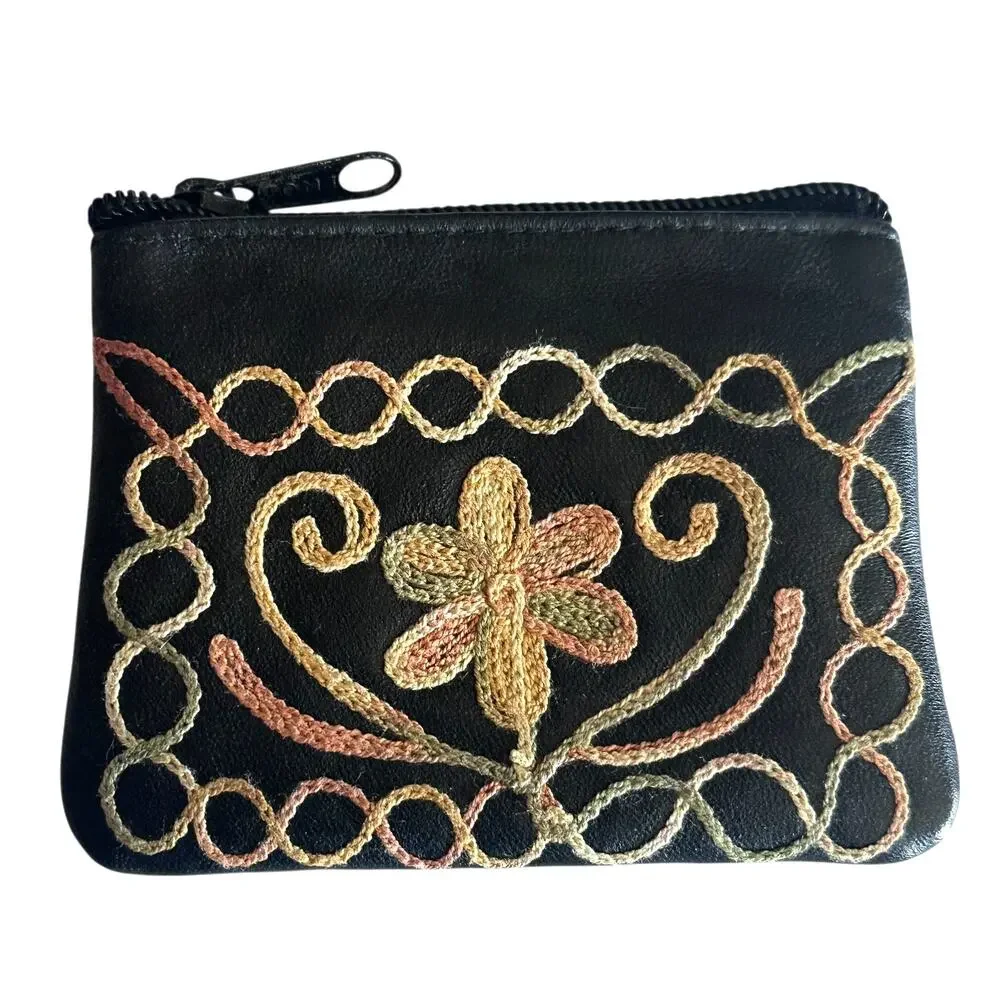 Embroidered Coin Purse Black Faux Leather Soutache Kashmiri Aari Work
